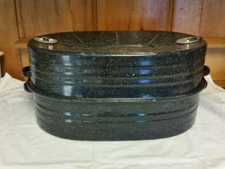 Lisk Roaster Blue/white Graniteware 3 Pc 18x12x8.  5 " Antique Turkey Pan Usa 1911