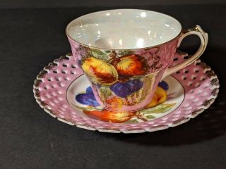 Vintage L M Royal Halsey Very Fine China Tea Cup Reticulated Saucer Porcelein