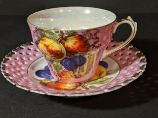 Vintage L M Royal Halsey Very Fine China Tea Cup Reticulated Saucer Porcelein 2