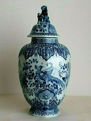 Antique Delft Porcelain Lidded Vase - Ginger Jar With Lion Lid - Rare