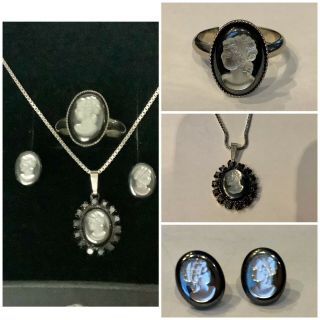 Vintage Jewellery Rare Silver Cameo Intaglio Pendant,  Ring & Earrings Set Box