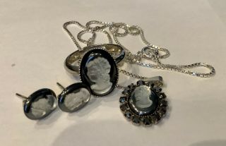 Vintage Jewellery Rare Silver Cameo Intaglio Pendant,  Ring & Earrings Set Box 2