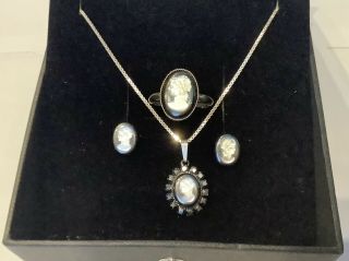 Vintage Jewellery Rare Silver Cameo Intaglio Pendant,  Ring & Earrings Set Box 3
