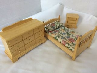 Vintage Miniature Dollhouse Furniture Twin Bed,  Night Stand,  & Dresser