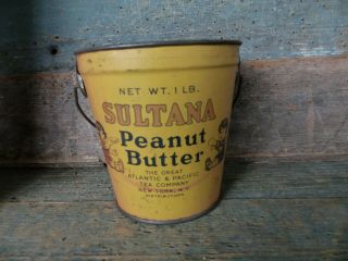 Antique Advertising Tin Sultana Ny Ny Peanut Butter Pail 16 Oz