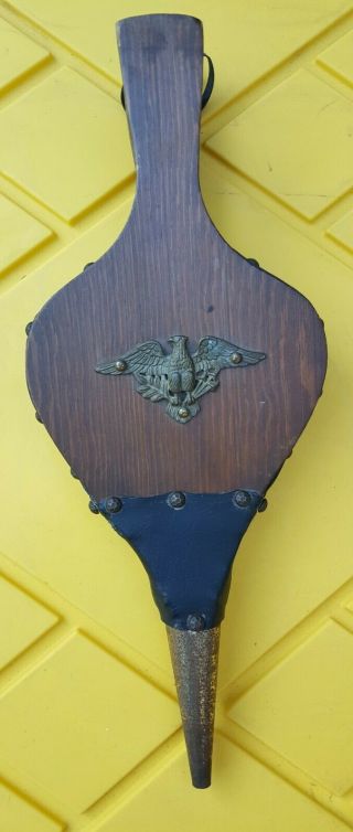 Vintage Bellow Fire Place Blower Hand Pump Eagle Wooden Leather Black 16 " Long