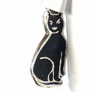 Rare Vintage Sterling Silver Black Enamel Cat Charm Pendant By Thomas L Mott Tlm