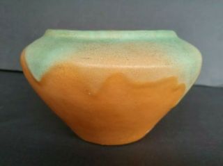 Antique Muncie Arts & Crafts Squat Pottery Vase - Moss Green Pumpkin Orange Matte