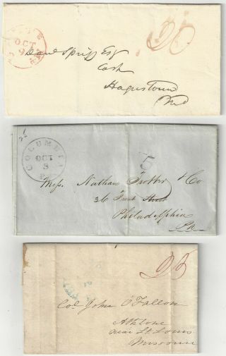 3 Stampless Folded Letters Missouri Hagerstown Md.  Columbia Pa.  1840s Very Rare