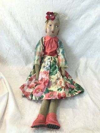 Old Antique 1920s Silk Face Lady Cloth Body Boudoir Bed Doll Handmade Pink Dress