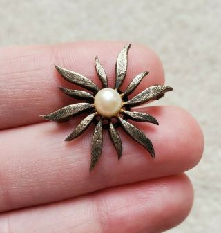 Vintage Antique Danecraft Sterling Silver Flower Pin Brooch With Pearl