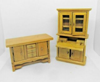 Miniature 1:24 Scale Maple Finish Old 2 Pc.  Dining Room China Cabinet Breakfront