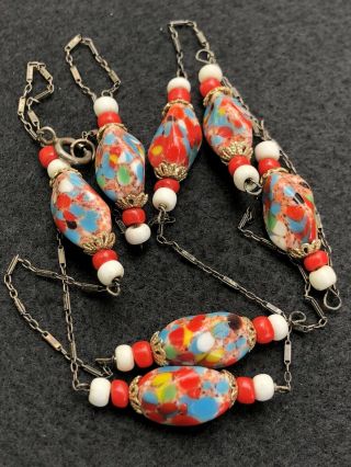 Rare Old Vintage Antique Multicolor Murano Glass Long Beaded Necklace “gorgeous