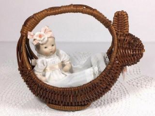 Vintage Taiwan Small Bisque " Baby In A Bunny Basket " Dress By The Maureen Doll