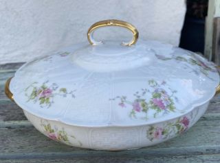 Antique Ch Field Haviland Limoges Porcelain Covered Serving Dish Pink Rose Oval