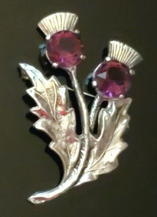 Vintage Antique Silver Tone Thistle Brooch Pin Purple Stones - Signed Scotland
