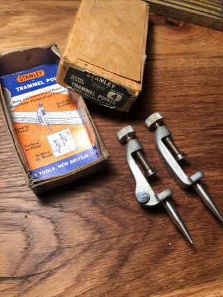 Vintage Classic Stanley No 4 Trammel Points Pair In The Box Tool Rare