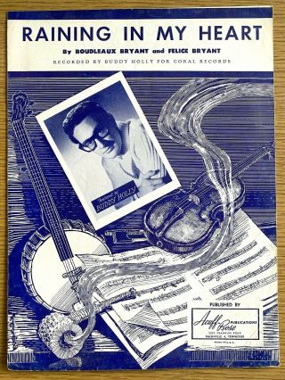 1959 Buddy Holly Rare Pop Sheet Music Raining In My Heart Piano And Guitar Tabs