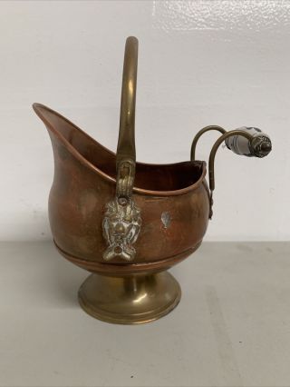 Antique Copper And Brass Coal Scuttle W/ Porcelain Delft Handle