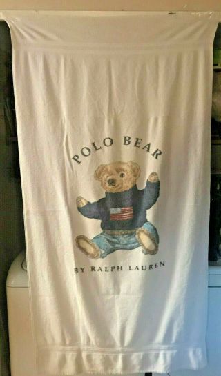 Vintage Polo Bear By Ralph Lauren Bath Sheet Beach Towel 66 " X X36 Usa Flag