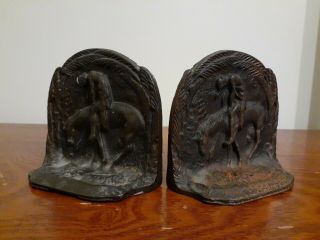 Antique Vintage Bronze Native American Indian Figural Bookends End Of The Trail