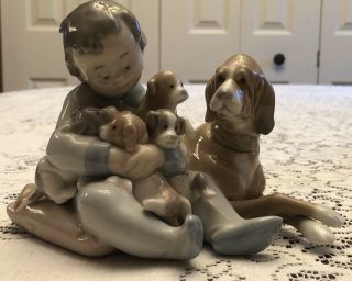 Rare Hand Signed By Jose Lladro Figurine " Playmates " Boy With Puppies