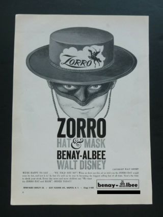 Rare Vtg 1958 Dealer Ad - Benay - Albee Zorro Hat & Mask Walt Disney 1950’s