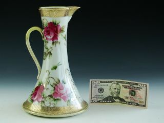 Antique Vintage Signed Nippon Hand Painted Rose Flower Vase Ewer Porcelain