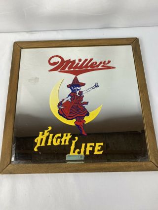 Rare Vtg Miller High Life Beer Beveled Mirror Bar Sign Framed Girl On Moon