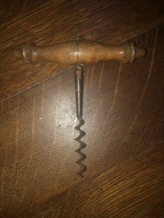 Rare Antique T Handle Corkscrew Unusual Carved Wooden Handle & Ornate Shaft