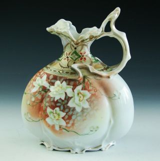Antique Vintage Signed Nippon Porcelain Ewer Vase Hand Painted Flowers