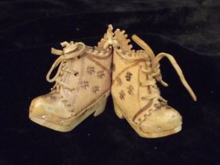 66 Tiny Tan Leather Laceup Boots W/ Wood Carved Soles 2 " X 3/4 " Handmade?