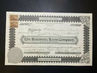 1899 Automatic Loom Company Stock Certificate Nebraska Rare,  2 Revenue Stamps