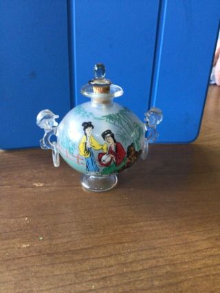 Vintage Chinese Reverse Painted Glass Snuff Bottle 3 Women With Cork