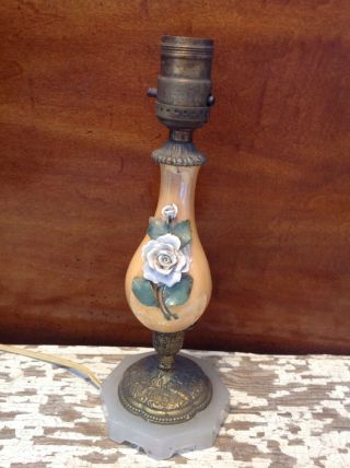 Vintage Antique Flowered Ceramic W/brass Accents 11 " Dresser Lamp -