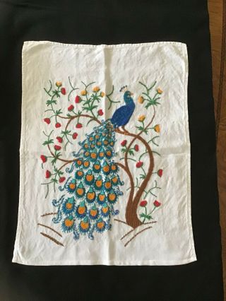 Exquisite Vintage Linen Embroidery Of Peacock With Tree And Flowers.