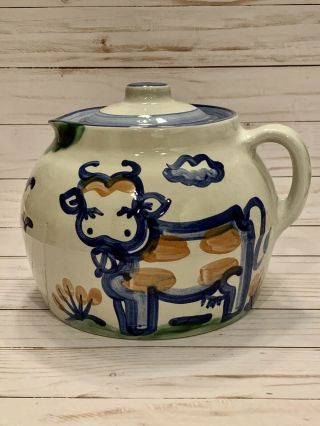 Vintage M.  A.  Hadley Country Scenes Blue Bean Pot/cookie Jar With Lid Cow Pig