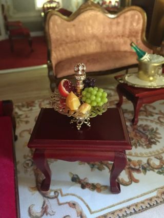 Dollhouse Miniature Victorian Fruit & Cheese Tray & 2 Wine Bottles