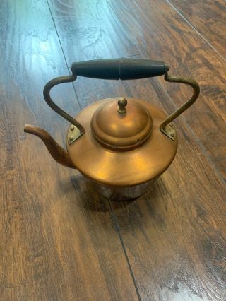 Vintage Antique Copper Tea Pot With Brass And Wooden Handle
