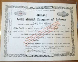Mohave Gold Mining Company Of Arizona 1902 Antique Stock Certificate