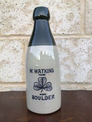 Rare Green Top Stone Ginger Beer Bottle - W.  Watkins,  3 Leaf Clover T/m,  Boulder