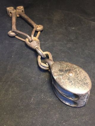 Antique Double Pulley Block & Tackle Steel & Cast Iron Barn Tool W/attachment