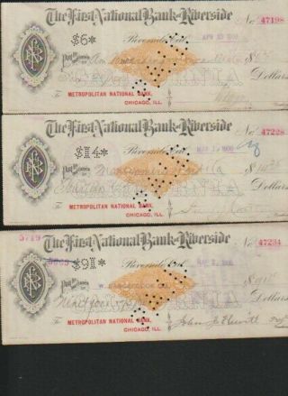 3 Antique Checks The First National Bank Of Riverside California 1900 Autograph