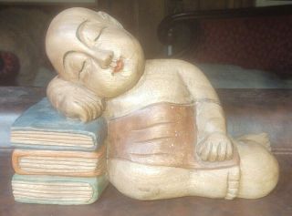 Hand Carved Sleeping Buddha Monk On Books Bookend Statue