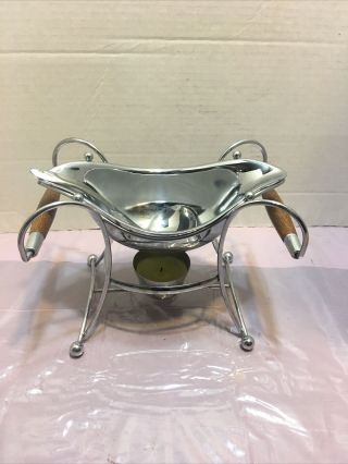 Mcm Style Stainless Steel Gravy Boat,  Stand And Candle Warmer Serving Piece