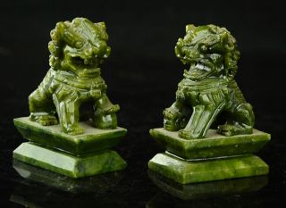 China Rare A 100 Natural Green Jade Hand - Carved Statues Fo Dog Lion