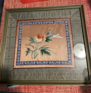 Vintage Framed Asian Silk Embroidered Flowers Wall Art
