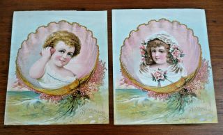 Pair Antique Vintage Victorian Art Prints Girls In Sea Shells Ocean " Sea Shore "