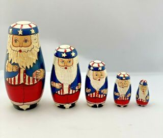 Patriotic 5 Piece Wood Russian Style Nesting Doll Stacking Dolls Uncle Sam Rare