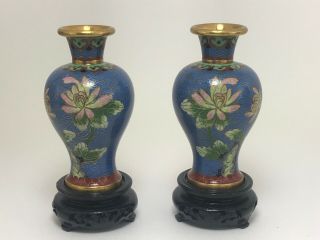 Vintage Pair Chinese Cloisonne Vase Blue Floral Chrysanthemum Stand Plus Box 5 "